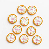 Round 40mm milk chocolate confirmation chocolate coins with gold edges and pink floral text for clara’s day