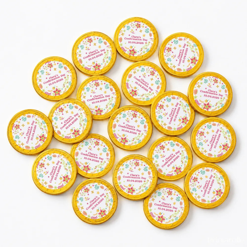 Golden 40mm milk chocolate coins with floral designs personalized for claras confirmation day 10.04.2026