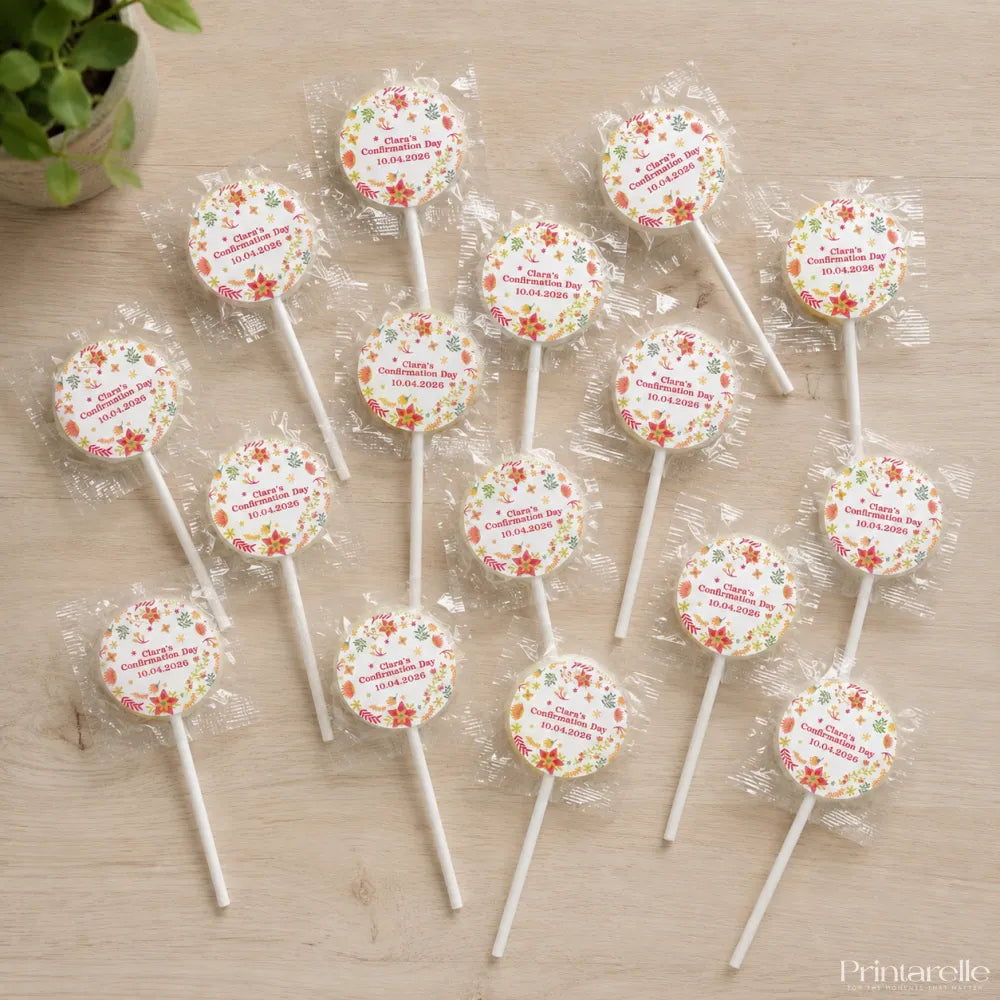 White lollipop favours with floral design and gluten free 8cm sticker personalized for wildflower blessing confirmation