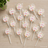 White lollipop favours with floral design and gluten free 8cm sticker personalized for wildflower blessing confirmation