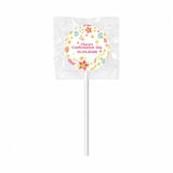 A colorful floral patterned wildflower blessing lollipop favour with 8cm sticker and assorted fruit design wrapped in clear plastic