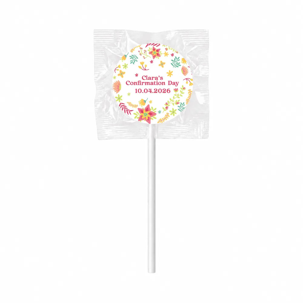A colorful floral patterned wildflower blessing lollipop favour with 8cm sticker and assorted fruit design wrapped in clear plastic