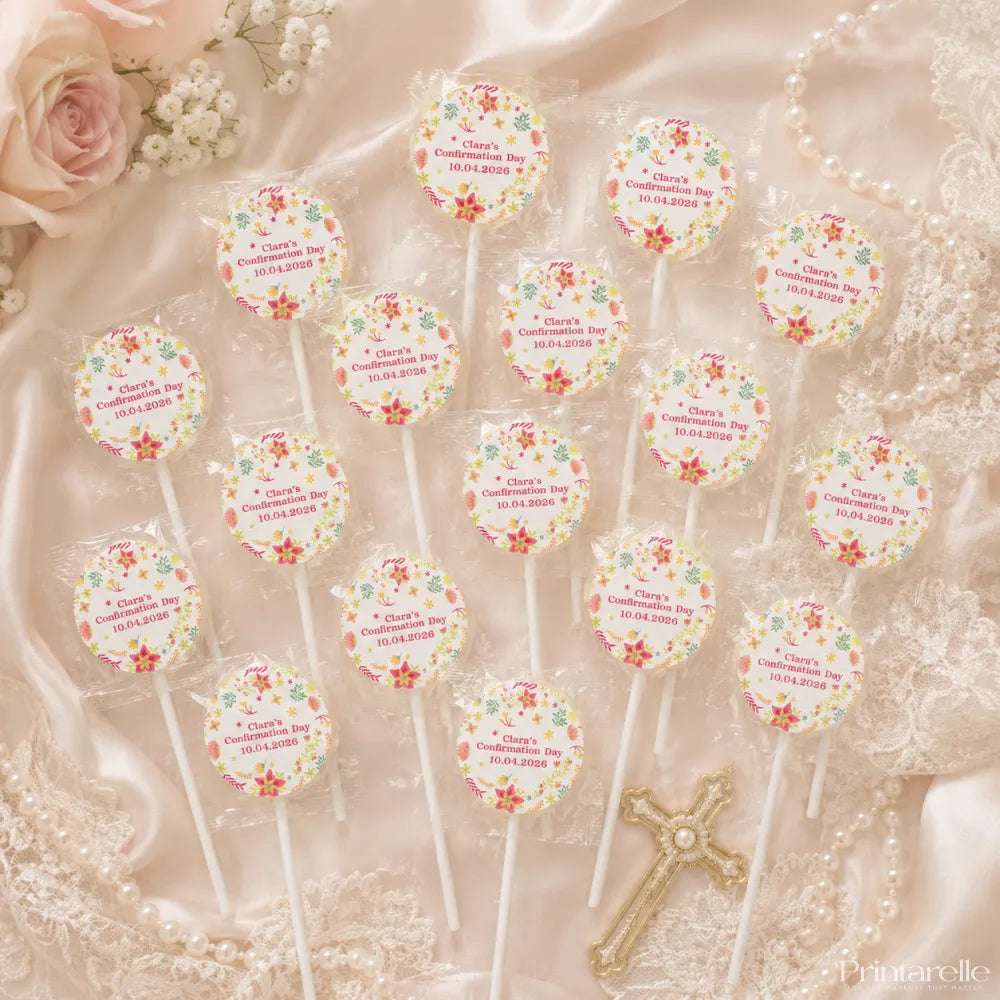 Floral-patterned lollipop favours with personalised 8cm sticker wrapped in clear cellophane for clara’s confirmation day with assorted fruit flavors