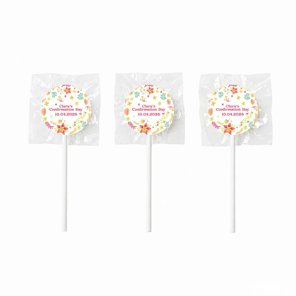 Three gluten free personalized lollipop favours with 8cm floral stickers for clara’s confirmation day 10.04.2026