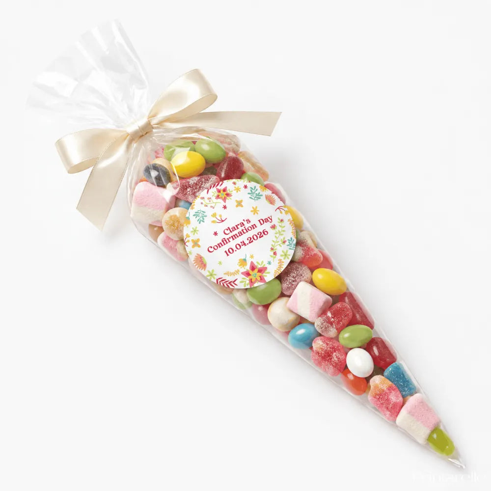 A clear cellophane sweet cone filled with colorful jelly beans and marshmallows tied with cream satin ribbon for confirmation sweet cones