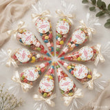 Wildflower blessing personalised confirmation sweet cones clear cellophane cones tied with cream satin bows filled with colorful gummies and marshmallows