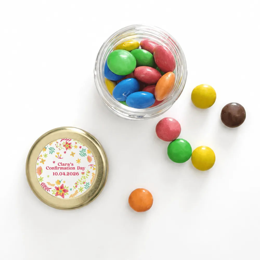 Clear glass 43mm pale gold twist jar with colourful candy and personalised sticker printed for claras confirmation day