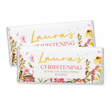 Two personalised 40g chocolate bars white chocolate with floral designs gold and pink text wildflower christening gift