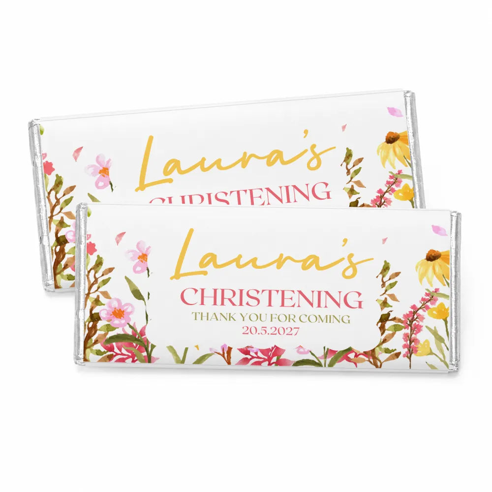 Two personalised 40g chocolate bars white chocolate with floral designs gold and pink text wildflower christening gift