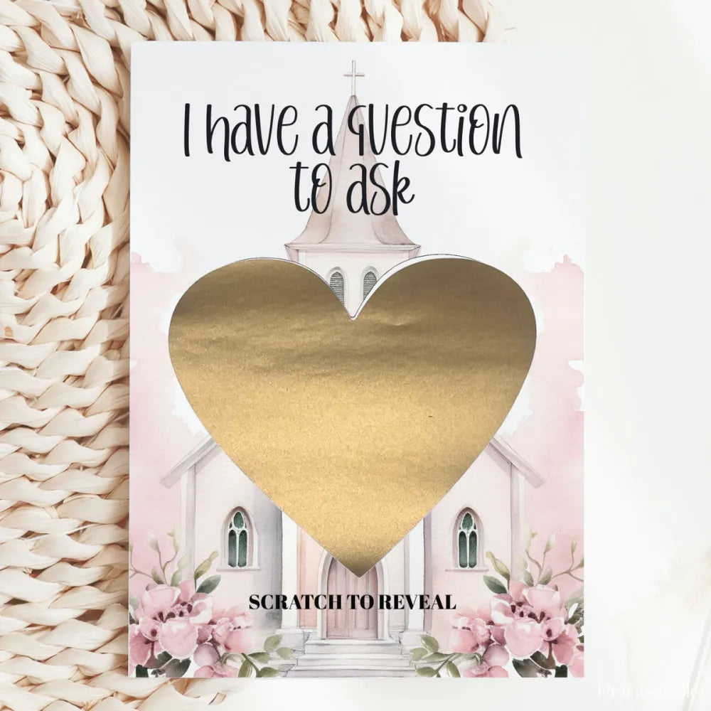 Will You Walk Me Down the Aisle? Scratch Card – Pink Chapel & Heart - Greeting Card - Printarelle