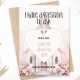 Will You Walk Me Down the Aisle? Scratch Card – Pink Chapel & Heart - Greeting Card - Printarelle