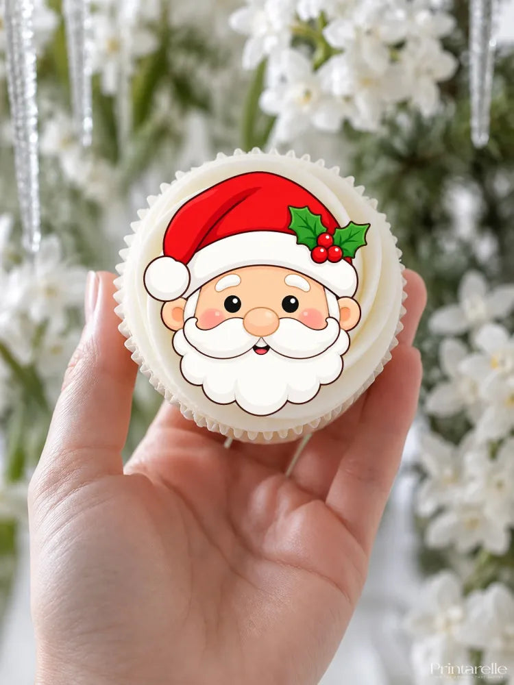A hand holds a white frosted cupcake with a cute edible icing sheet santa face cupcake topper for christmas fun