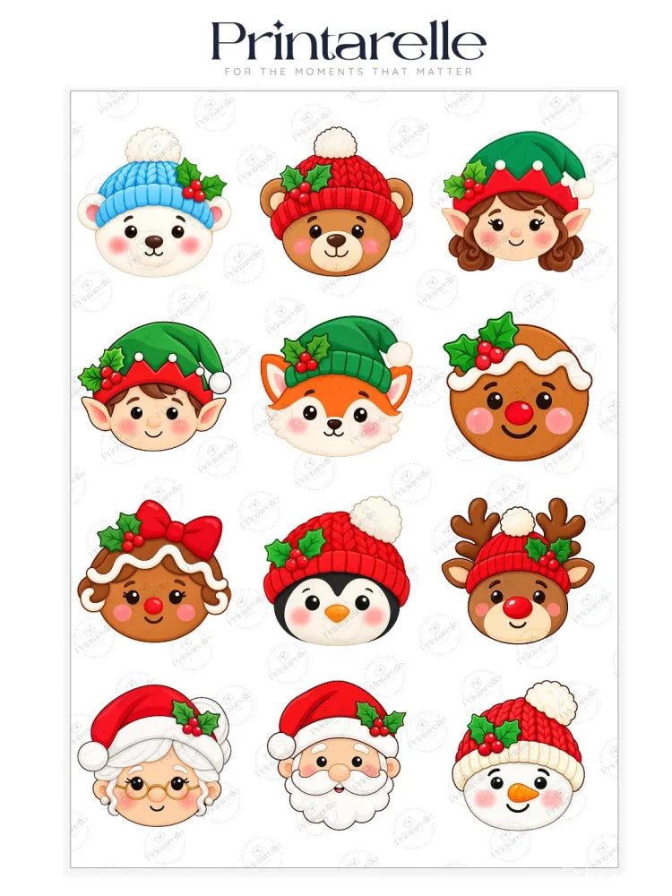 Winter friends cupcake toppers with cute cartoon holiday faces on colorful edible icing sheet stickers