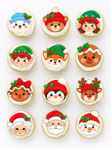 Christmas-themed cupcake toppers with cute animal faces using colorful edible icing sheets for festive treats