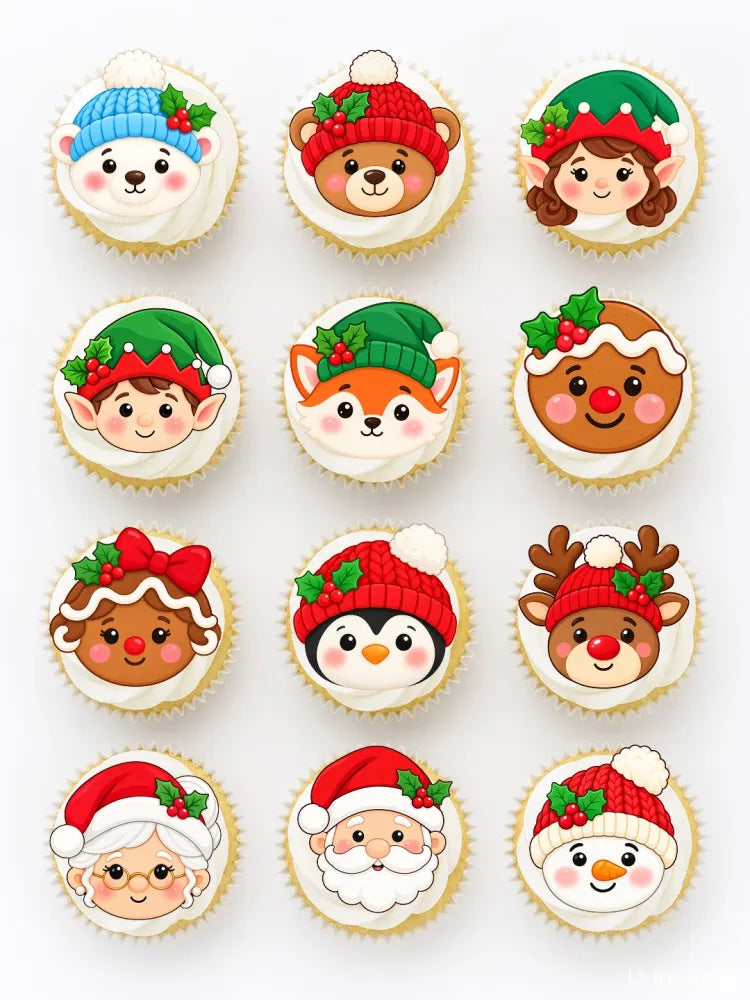 Christmas-themed cupcake toppers with cute animal faces using colorful edible icing sheets for festive treats