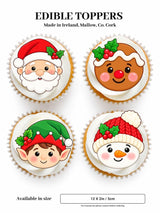 Winter friends cupcake toppers with edible icing sheet featuring colorful santa, elf, gingerbread man, and snowman faces