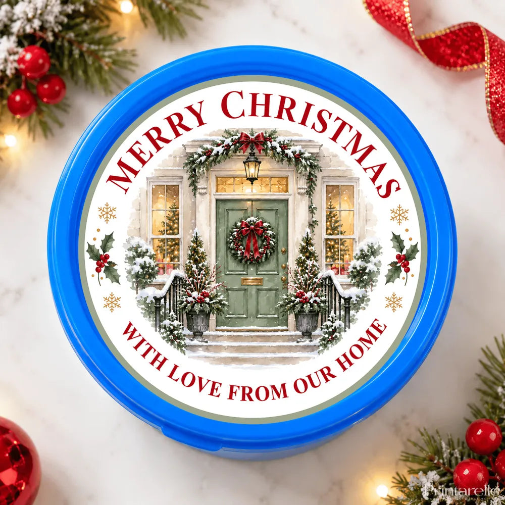 Blue circular tub sticker with merry christmas festive label showing a green decorated front door ready printed design