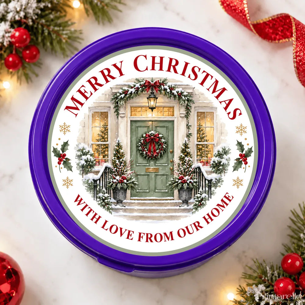 Purple round tin with a merry christmas tub sticker showing a green door red bow and snow-covered porch ready printed design