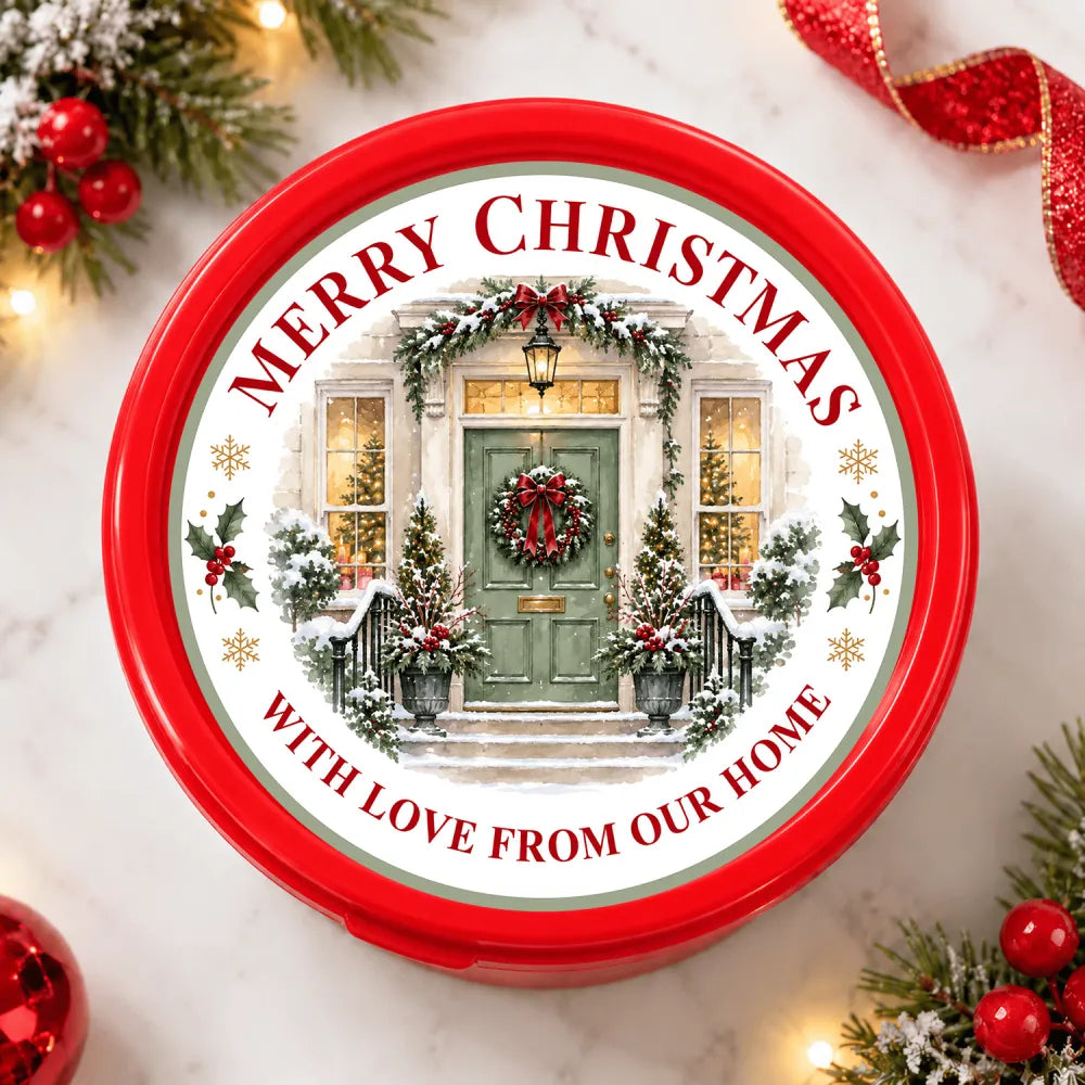 Red circular tin with ready printed merry christmas tub sticker featuring a green door wreath and holly design