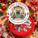 Red circular tin with merry christmas tub sticker and ready printed design filled with assorted chocolates including bounty and galaxy