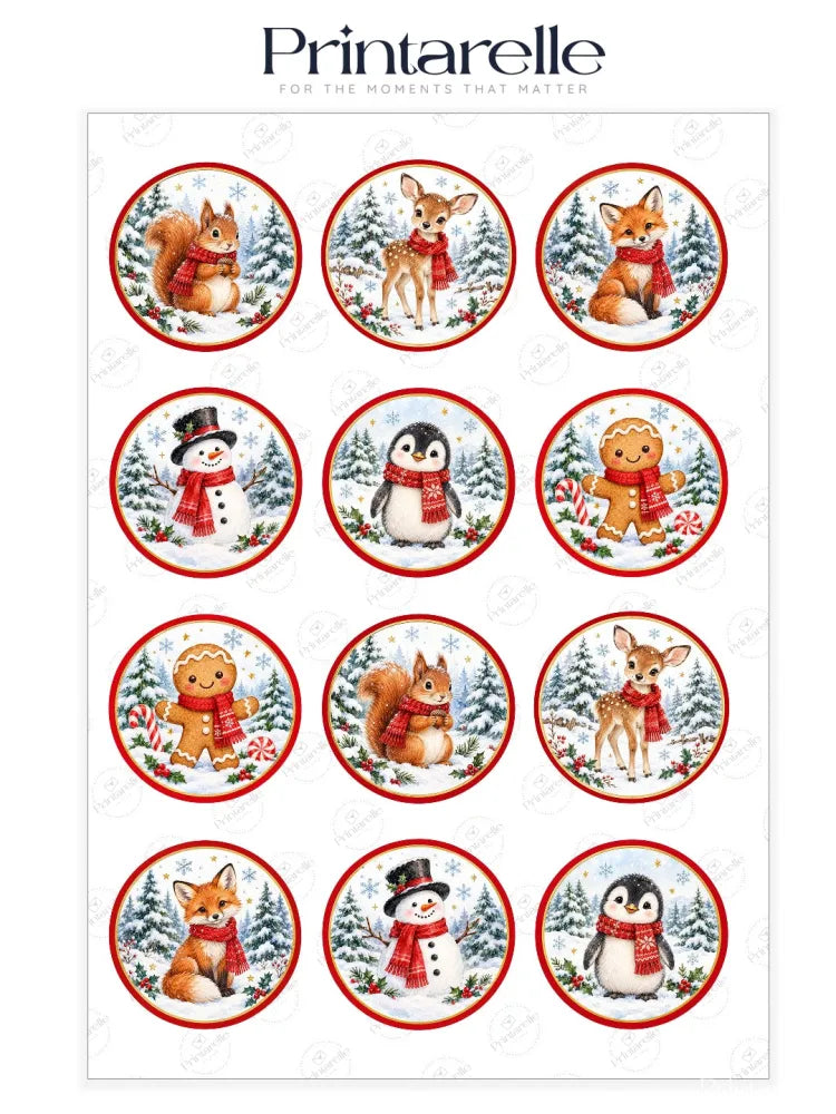 Woodland scarf friends edible cupcake toppers featuring foxes deer penguins snowmen and gingerbread man in red scarves