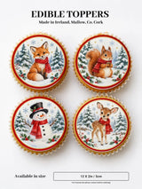 Christmas edible cupcake toppers featuring woodland animals like fox squirrel snowman and fawn in red scarves with snowy pine trees