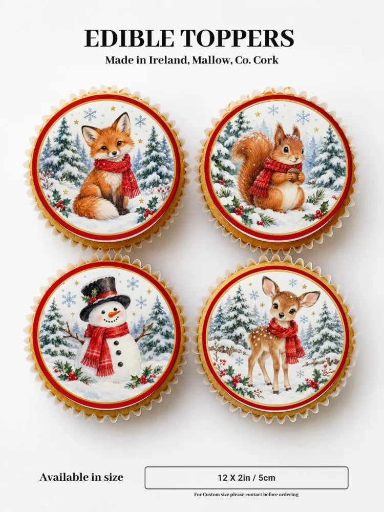 Christmas edible cupcake toppers featuring woodland animals like fox squirrel snowman and fawn in red scarves with snowy pine trees