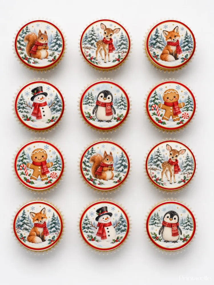 Round festive woodland scarf friends edible cupcake toppers with winter animals in red white and green including gingerbread man