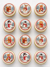 Christmas cupcake toppers with white frosting featuring edible cupcake toppers of gingerbread man and woodland animals