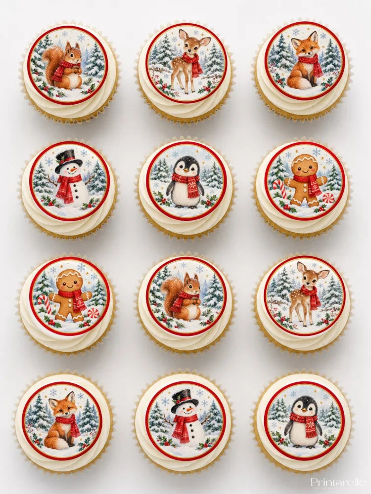 Christmas cupcake toppers with white frosting featuring edible cupcake toppers of gingerbread man and woodland animals