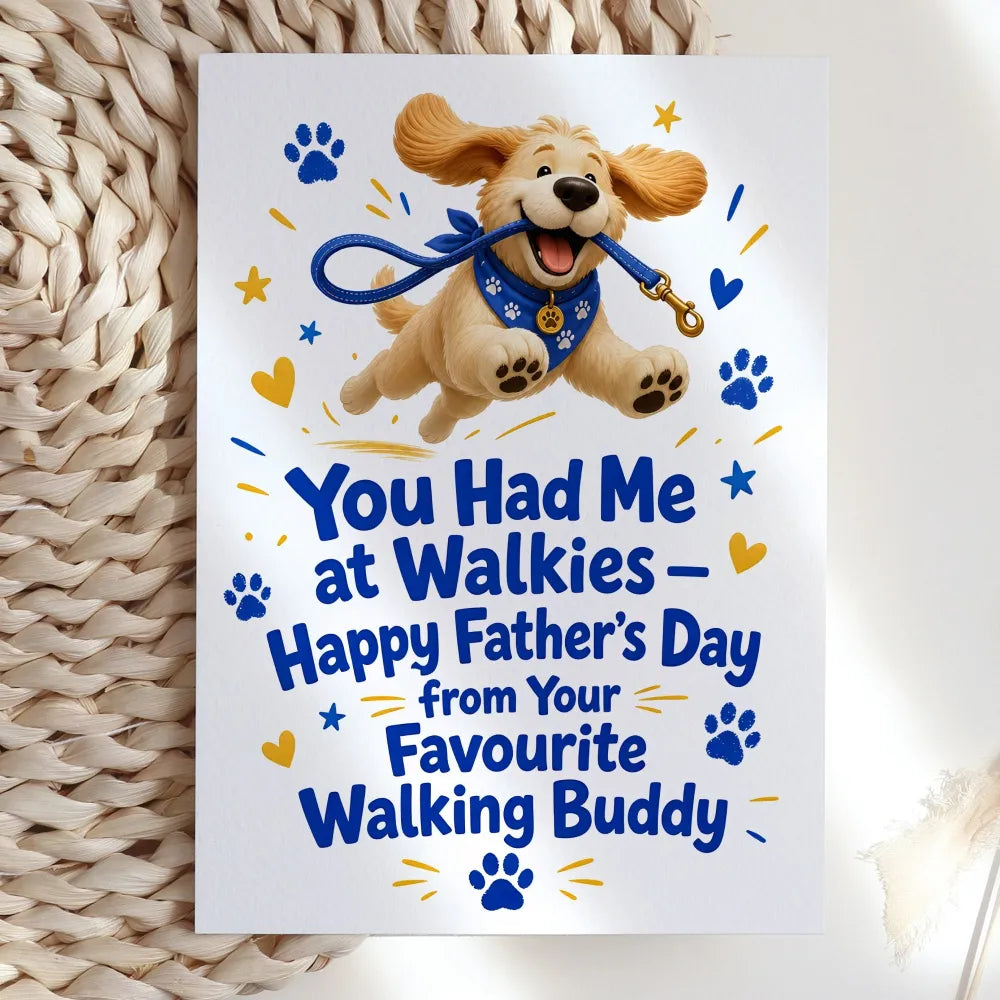 Pure canine joy in card form. This illustrated card reads You Had Me at Walkies, Happy Father’s Day from Your Favourite