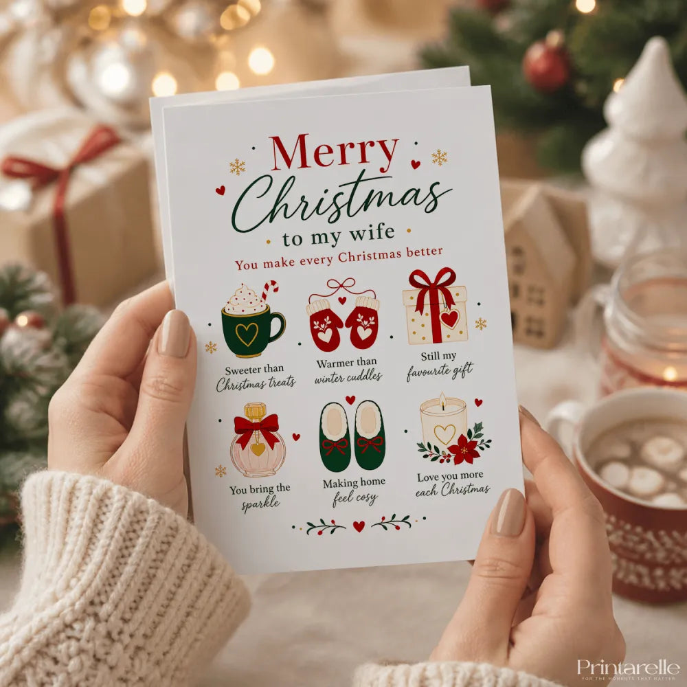 A white christmas card with red and green text and six gold accented holiday illustrations for wife