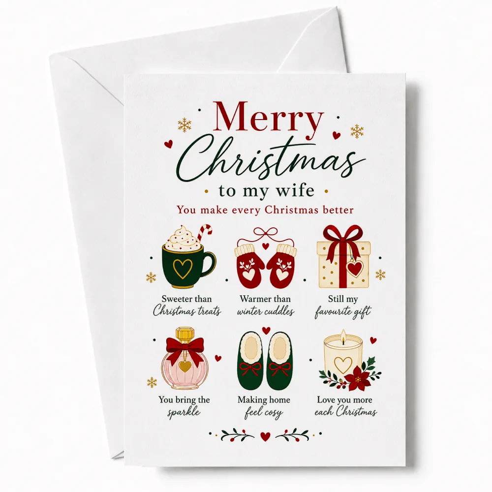 White christmas greeting card with six gold accented illustrations and red and green text you make every christmas better card for wife
