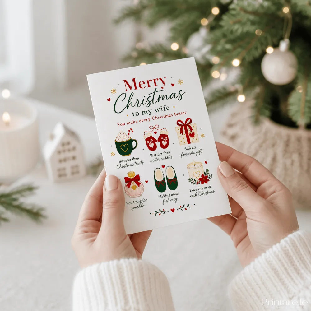 A white christmas card for wife with six gold accented red and green holiday illustrations and merry christmas text