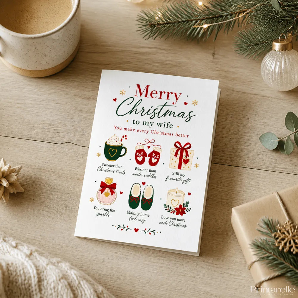 White christmas greeting card for wife with six gold accented illustrations of holiday mug mittens and candles in red green text