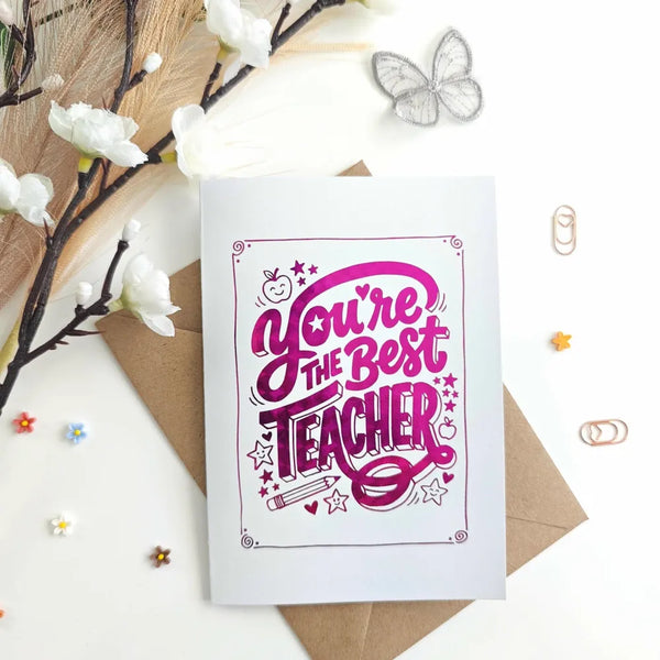 You’re the Best Teacher Foil Thank You Card - hot pink, best teacher, hot pink foil, pink foil, best teacher card